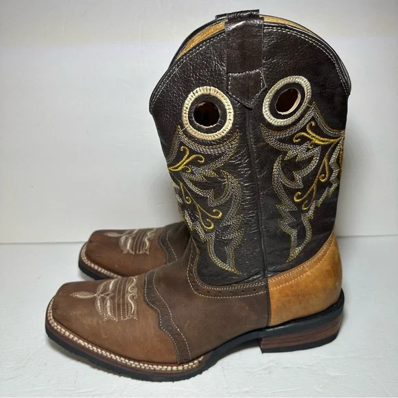 Mens Cowboy Tri-Color Tan Brown Leather Square Toe Rodeo Ranch Western Boots 9.5